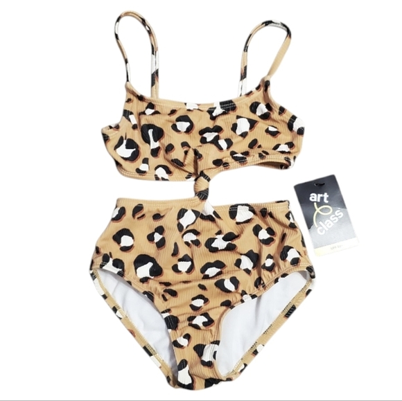 NWT Art Class Girl's Leopard Ribbed Twist Tie 1 PC Monokini Swimsuit S 6/6X - Picture 2 of 8